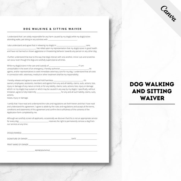 Pet Sitting Waiver Form, Pet Sitting Release Form, Dog Walking And Pet Sitting Boarding And Waiver Form, PDF File, Instant Download, Canva