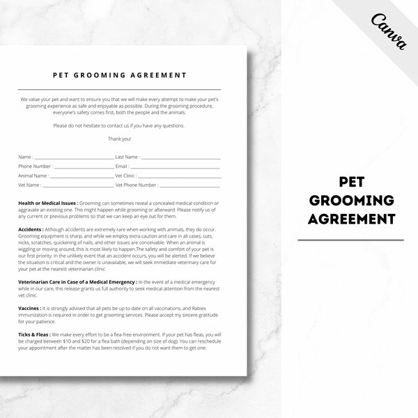 Pet Client Grooming Agreement, Dog Salon Contract, Cat Grooming Agreement, Dog Grooming Agreement, PDF File, Pet Grooming Release, Template