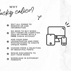 May include: A white background with black text that reads "WHY lucky calico?" and lists six reasons why to use Canva. The reasons are numbered 1 through 6. The image also includes a black and white illustration of a computer, tablet, and phone.