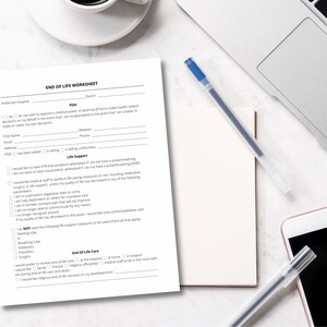 May include: A printable end-of-life worksheet with sections for medical power of attorney, life support, and end-of-life care preferences. The worksheet includes checkboxes for various medical interventions and options.