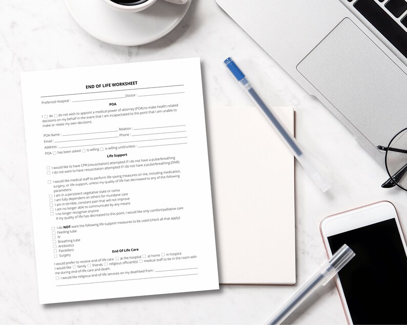 May include: A printable end-of-life worksheet with sections for medical power of attorney, life support, and end-of-life care preferences. The worksheet includes checkboxes for various medical interventions and options.