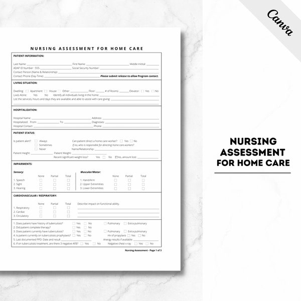 Homecare Agreement Contract Form, Home Health Care Evaluation Form, Nursing Assessment For Home Care, PDF File, Template, Nursing Assessment