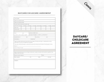 May include: A black and white printable daycare or childcare agreement form with the title "Daycare/Childcare Agreement" at the top. The form includes sections for child's name, parent or guardian's name, days and time of care, hourly rate, overtime rate, other fees, when payment is due, source of payment, description, and comments.