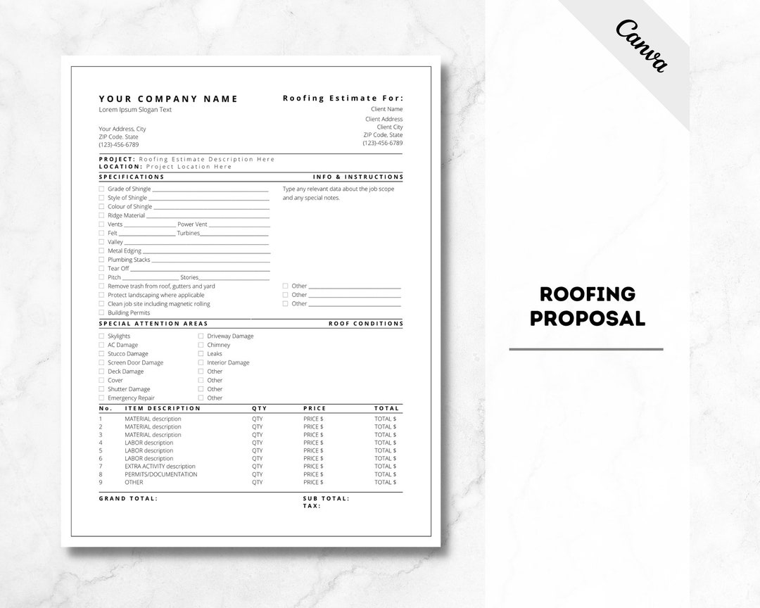 Roofing Proposal Template, Roofing Estimation Form, Roofing Job