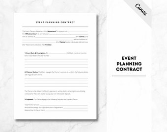 May include: A black and white printable event planning contract template with the title "Event Planning Contract" at the top and the text "Event Date & Description", "Planner Duties", and "Payment" in bold.