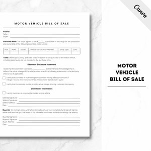 Motor Vehicle Bill Of Sale, Motor Vehicle Form, Vehicle Bill Of Sale, Car Sale Form, Digital, Print, PDF, Bill Of Sale Form, Vehicle Sale