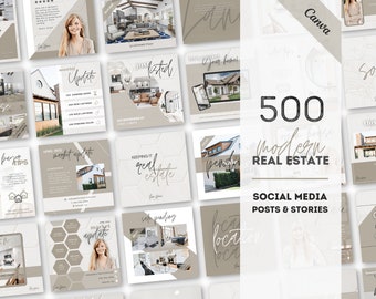 May include: A collage of images showcasing 500 modern real estate social media posts and stories. The images feature homes, interiors, and text overlays with phrases like "monthly update", "just listed", and "keeping it real estate".