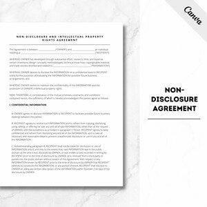 May include: A black and white document with the title "Non-Disclosure and Intellectual Property Rights Agreement". The document outlines the terms of a non-disclosure agreement, including confidential information, disclosure, and use of information.