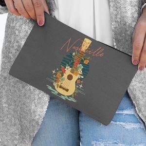 Boho Nashville Accessory Pouch, Makeup Bag, Cosmetic Travel Bags, Pencil Cases, Cute Floral Guitar Graphic, Music City Nashville