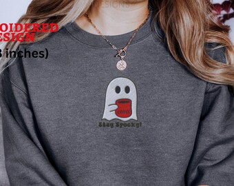 Embroidered Ghost Stay Spooky Sweatshirt, Halloween Sweatshirt, Fall Sweatshirt for Women, Halloween Crewneck Cute Ghost Coffee Lover, Gift