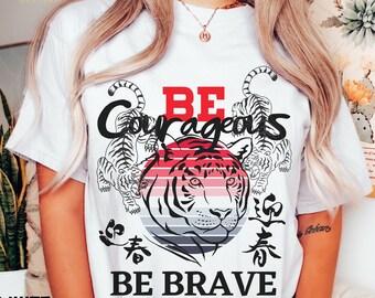 Tiger T-shirt, White Tiger Roar, Tiger Print Positive Motivational T-Shirt, Retro Lucky Tiger, Tiger Graphic, Inspirational Tiger Lover Gift