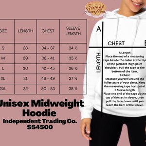 May include: Size chart for a unisex midweight hoodie. The chart shows sizes from S to 2XL with measurements in inches for length, chest, and sleeve length. The chart also includes instructions for measuring length, chest, and sleeve length.