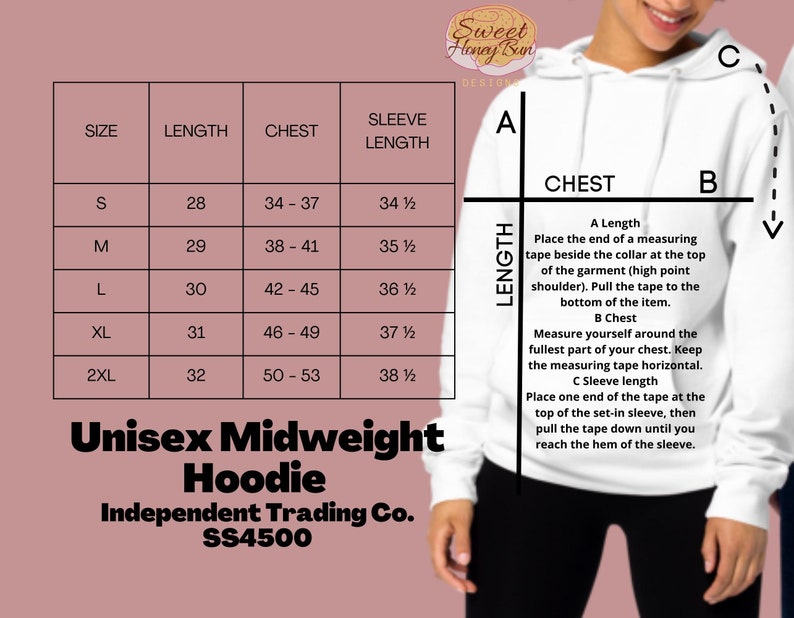 May include: Size chart for a unisex midweight hoodie. The chart shows sizes from S to 2XL with measurements in inches for length, chest, and sleeve length. The chart also includes instructions for measuring length, chest, and sleeve length.