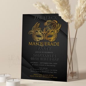 Editable Gold Black Masquerade Invitation Template | Gold and Black Adult birthday Masquerade Party Invite for all Ages | Women & Men AP3