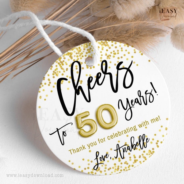 Cheers to 50 Round Gift Tags • Gold Confetti Printable Template • 50th Birthday Gift Tags, Gold Confetti Thank You Favor Tags EDITABLE - AP6