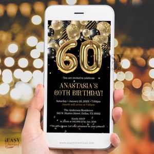 60th Birthday Mobile Invitation | Black and Gold Balloons Birthday Invite | Adult Invitation Birthday Gold and Black Phone Template AP6