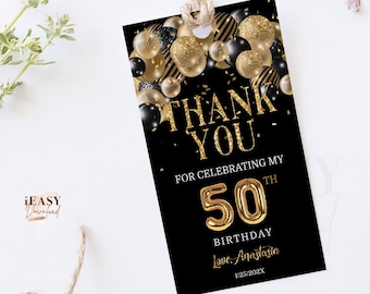50th Birthday Thank You Tags: Gold Balloons, Editable Favor Tags (Digital Download)