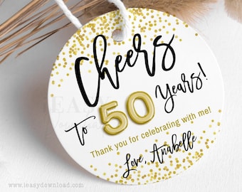 Cheers to 50 Round Gift Tags • Gold Confetti Printable Template • 50th Birthday Gift Tags, Gold Confetti Thank You Favor Tags EDITABLE - AP6