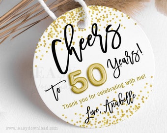 Cheers to 50 Round Gift Tags • Gold Confetti Printable Template • 50th Birthday Gift Tags, Gold Confetti Thank You Favor Tags EDITABLE - AP6