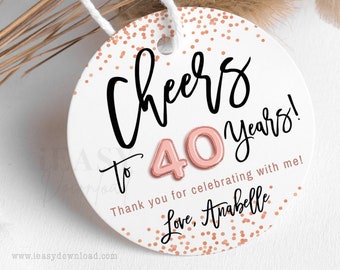 Cheers to 40 Round Gift Tags • EDITABLE Rose Gold Confetti Printable Template • 40th Birthday Gift Tags, Personalise Thank You Tags - AP1