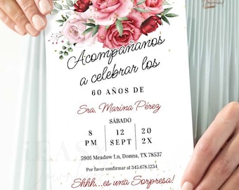 Floral Red Roses Spanish Birthday Invitation: Editable Template (Digital Download)