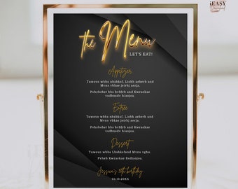 Gold and Black Birthday Menu Sign Template: Editable Party Decor (Corjl)