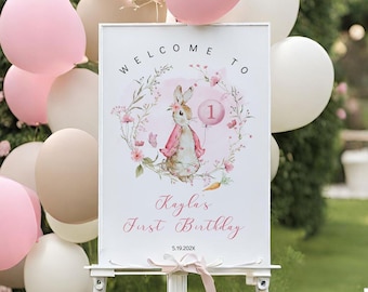 Editable Flopsy bunny First Birthday Girl, Some Bunny is ONE Peter Rabbit Girl, Welcome Sign, 1st Birthday Sign Template with Corjl KP33