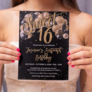Editable 16th Birthday Invitation Gold and Black Party Birthday Invites, Black Gold Balloons, Sweet 16 Birthday Invitation Template SWE16