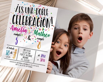 Spanish Invitations Editable Sibling Birthday Double Birthdays Celebration, Rainbow Confetti Sibling Party Birthday Invitations AP17