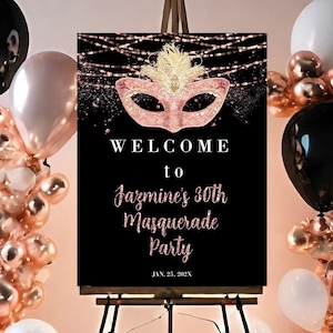 Blush Pink Masquerade Welcome Sign: Rose Gold Party Decor (DIY Corjl)