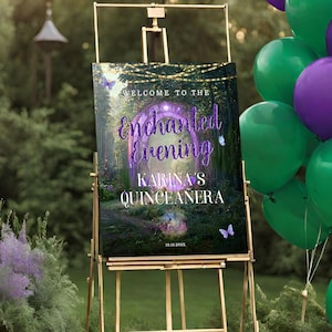 Enchanted Forest Quinceanera, Editable Welcome Sign Purple Butterfly Birthday Invitation, FairyTale Birthday Entrance Sign Template QCA1