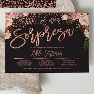 Floral Rose Gold Confetti Template Spanish Birthday Party Fiesta Sorpresa 60 años | Cumpleaños 70 Birthday Invitation for All Ages Corjl AP1