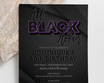 All Black Affair Editable Birthday Invitation, Black Purple Party Invite for Women or Men, Modern Birthday Invite Template Corjl AP6