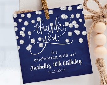 Navy Blue and White Pearls Thank You Favor Tag • Editable Adult Birthday Tags, for all Ages, Thank You Gift Tags Template Corjl AP2