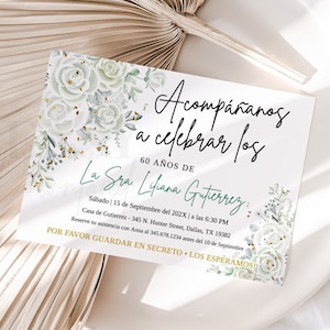 Editable Greenery Birthday Invitations, 60th Birthday Spanish Invitation, Sage Roses Bouquets, Fiesta Sorpresa Template for All Ages AP30