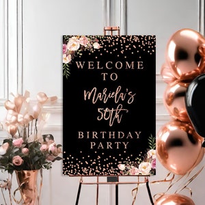 EDITABLE Rose Gold Welcome Birthday Sign | 50th Birthday Welcome Sign | 60th Birthday Decoration Ideas | Black and Rose Gold Adult Sign AP5