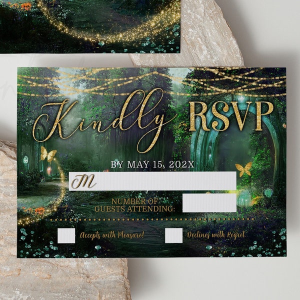 Editable RSVP Cards, Enchanted Forest Emerald Green Quinceañera Respond Card, Gold Enchanted Forest, DIY RSVP Card, Edit with Corjl