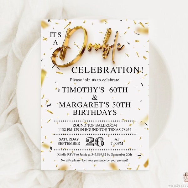 Adult Double Celebration Invitation Double Birthdays Anniversaries Graduations Invite Gold Confetti Joint Birthday Invite Template Corjl AP6