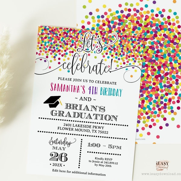 Let's Celebrate Birthday Invitation and Graduation Party Invitation, Double Celebration, Colorful Confetti Invitation Template Corjl AP17