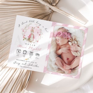 Peter Rabbit Girl, New Baby Announce Photo Baby Card, Welcome Baby Printable, Photo Birth Card, Editable Birth Announcement Template BS15