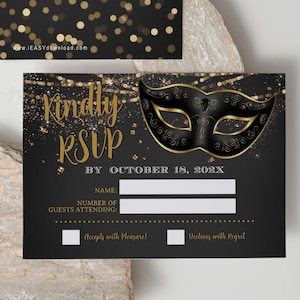 Black & Gold Masquerade Birthday RSVP Cards (Editable Template)