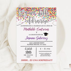 It's a Double Celebration Invitation, Birthday Party Invitation and Graduation Party Colourful Confetti, Spanish Invitation Template AP17