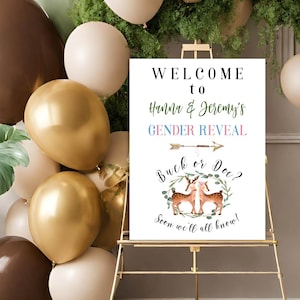 Buck or Doe Gender Reveal Welcome Sign: Editable Eucalyptus Reindeer (Digital Download)