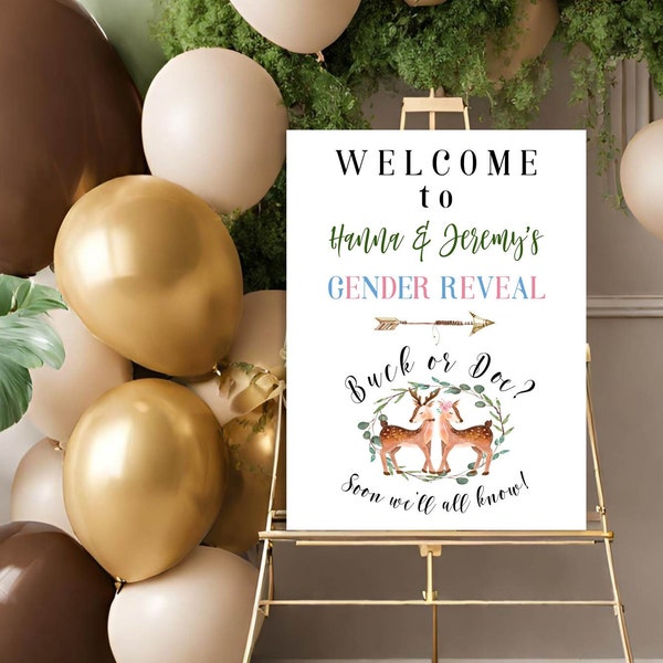 Editable Buck or Doe Gender Reveal Welcome Sign, Hunting Reveal Shower, Eucalyptus Reindeer Baby Shower Sign Template with Corjl GRBD1