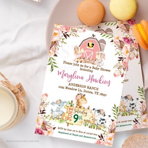 EDITABLE Floral Farm Animals Invite, Girl Pink Farm Baby Shower Invitation, Pink Barnyard Also for Birthday Party, Template with Corjl KP4
