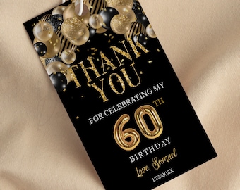 Editable 60th Birthday Gift Tags: Gold Balloons, Black Confetti (Corjl Template)