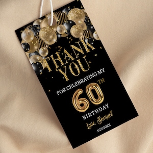 Editable 60th Birthday Gift Tags, Gold and Black Balloons 65th Birthday, Gold Celebration Confetti Thank You Favor Template Tags Corjl AP6