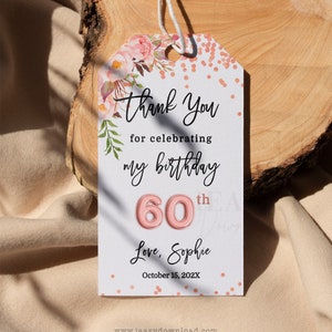 Rose Gold Floral Thank You Favor Tags: Editable Birthday Party (Corjl)