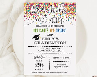It&#39;s a Double Celebration Invitation, Birthday Party Invitation and Graduation Party Colourful Confetti, Joint Celebration Template AP17