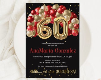 Editable Surprise birthday invitation in Spanish, Balloons Red and Gold 60th Birthday Invitation Template Spanish Birthday Invite Corjl AP28